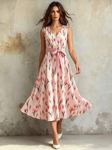 SHEIN Franclia Vestido de Praia Floral Elegante e Casual para Férias de Verão, Festival de Junho, para Mulheres, Roupa para Encontro Romântico, Sem Mangas, Decote em V, Cintura Elástica com Cinto, Vestido em Linha A - Multicolorido - Visão 1
