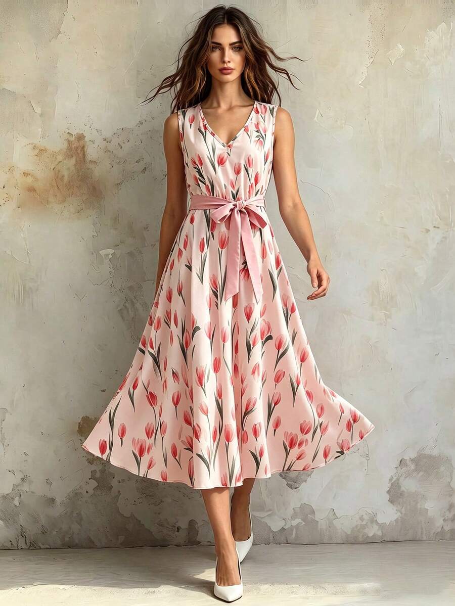 SHEIN Franclia Vestido de Praia Floral Elegante e Casual para Férias de Verão, Festival de Junho, para Mulheres, Roupa para Encontro Romântico, Sem Mangas, Decote em V, Cintura Elástica com Cinto, Vestido em Linha A - Multicolorido - Visão 1