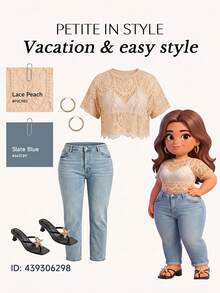 SHEIN PETITE CURVE 夏季度假女款花卉刺繡時尚上衣 - 卡其色 - 查看 3