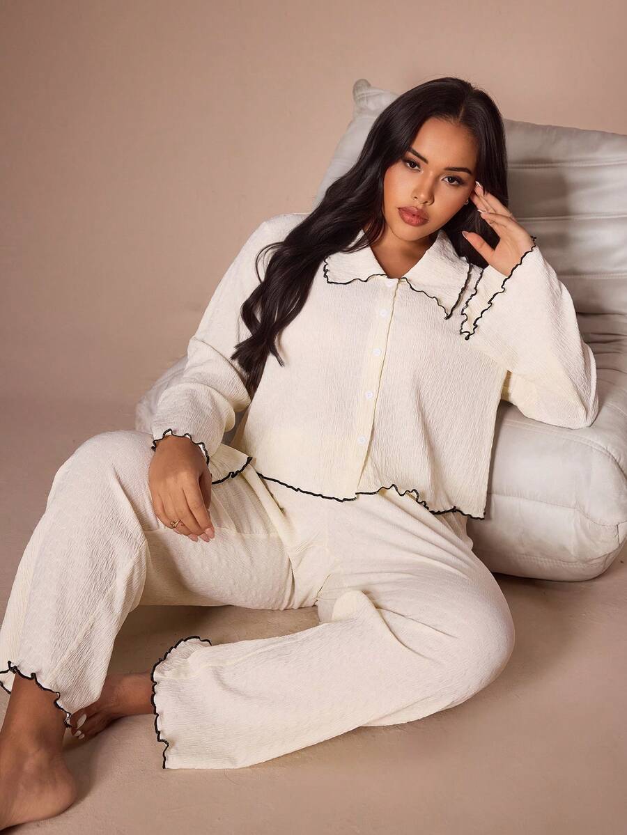 Lazeform Casual Colorblock Scalloped Lapel Button-Front Flared Long Sleeve Pants Plus Size Set - Apricot - View 1