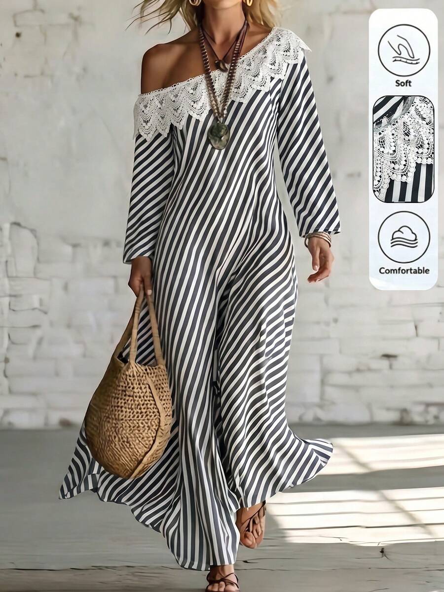 Linhara CURVE Plus Size Women's Asymmetric Neck Black Striped Contrast Lace Trim Loose Fit Dress Fall - Black - View 1