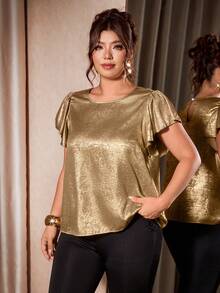 Cravure Plus Size Women's Elegant Ruffle Short Sleeve Gold Bronze Metallic Texture Blouse, Commute & Vacation Shirt - Gold - View 8
