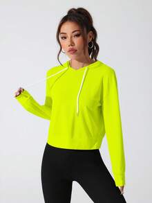SHEIN Sovereign Charm 女款螢光綠字母印花露背連帽運動運動衫 - 芥末黃 - 查看 6