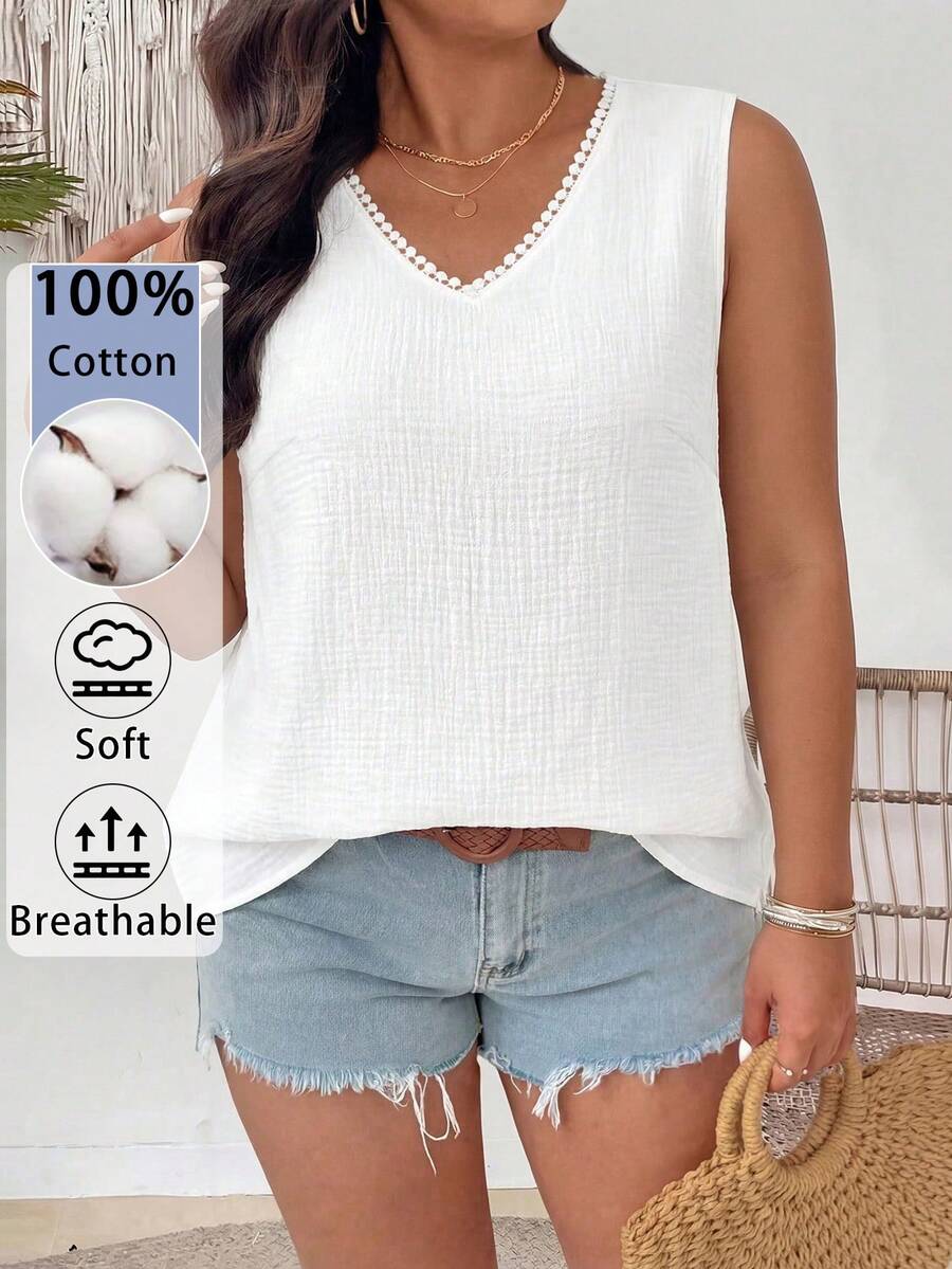 SHEIN Plus Size Versatile V-Neck Solid Color Casual Boho Tank Top Formal Vacation White Summer - White - View 1