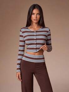 Lazeform Women's Striped Print Fitted Round Neck Long Sleeve Pants Pajama Set - Brown - View 6