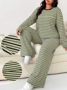 SHEIN EZwear Plus Size Women Striped Drop Shoulder Long Sleeve T-Shirt And Pants Casual Set Fall - Multicolor - View 4
