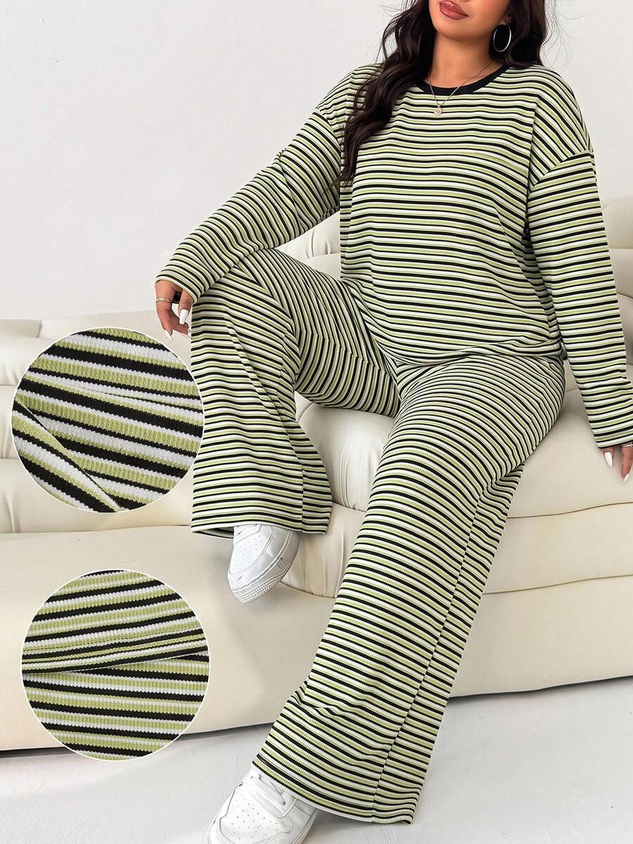 SHEIN EZwear 大尺碼女款條紋落肩長袖T恤與長褲休閒套裝 秋季 - 彩色 - 查看 1