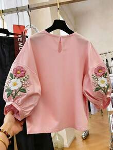 GlowEve Women's Summer Vacation Floral Faux Embroidery Print Round Neck Blouse Brunch Tea Party Pink Floral Romantic Cute - Pink - View 2