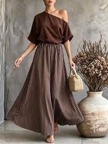 SHEIN Women's Summer Dress, Elegant Dress, Beach Dress, Outing Dress, Casual Dress, Business Dress, Vacation Dress, Striped Dress, Brown Dress - Brown - View 8