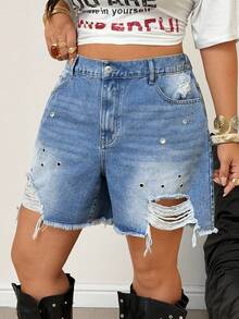 Jeanoix Y2K Casual 90s Plus Size Women's Fashion Washed Distressed Eyelet Summer Shorts Vacation Light Blue - Medium Wash - View 5