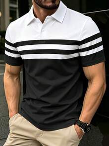 Manfinity Homme 男士夏季休閒拼色拼接 Polo 衫 - 黑與白 - 查看 1