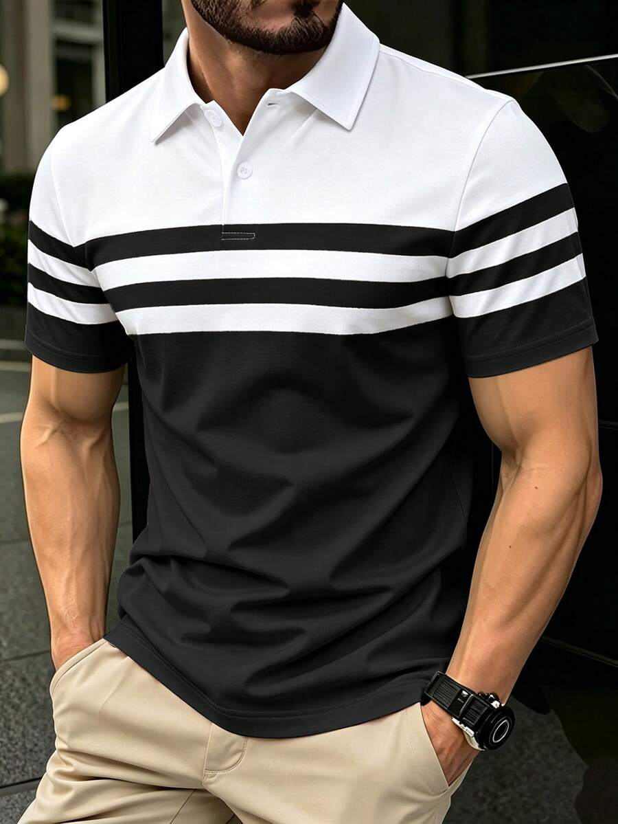 Manfinity Homme 男士夏季休閒拼色拼接 Polo 衫 - 黑與白 - 查看 1