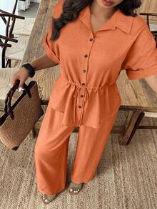 Weeklong Conjunto de 2 piezas de camisa y pantalones de talla grande, unicolor, con cordón en la cintura, para vacaciones y uso casual - Naranja - Ver 4