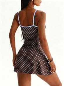 CourtClass CourtClass Gaun Olahraga Golf Wanita Musim Semi/Panas, Gaun Tenis Motif Polkadot dengan Tali Bahu Tipis, Trim Kontras, Belahan Depan, Celana Pendek yang Dapat Dilepas & Saku, Yoga - MultiWarna - View 3