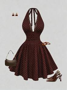 GlowEve Women's Halter Neck Sleeveless Waist-Cinching A-Line Short Dress, Bow Tie, Brown And White Polka Dot Pattern, Textured Fabric, Summer Elegant Holiday - Burgundy - View 4