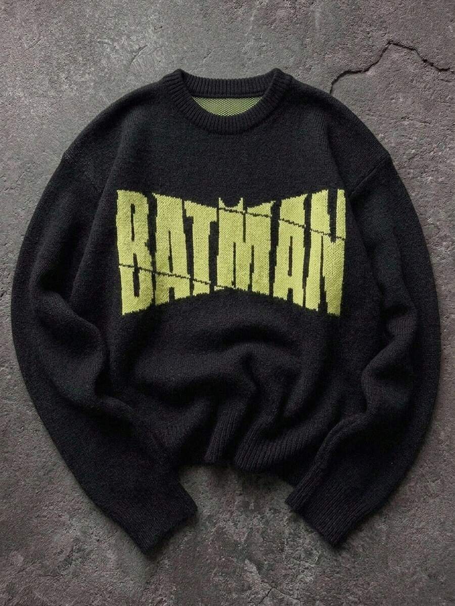 Manfinity BATMAN X SHEIN 男士時尚百搭字母提花圓領長袖針織衫,適合日常穿著 - 黑色 - 查看 1
