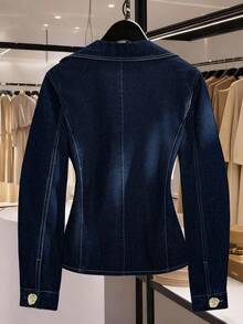 GlowEve CURVE Plus Size Women's Metal Single-Breasted Long Sleeve Fashion Denim Top - Blue - View 2