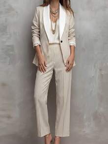 SHEIN Women's Business Striped Lace Patchwork Button Jacket And Contrast Color Pants Suit Set - White - View 5