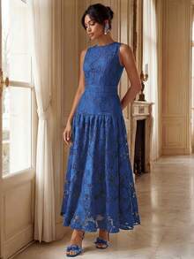 Anewsta Elegantes Damen-Partykleid mit Rundhalsausschnitt, ärmellos, tailliert, mit vollem Rock und langer wasserlöslicher Spitze - marineblau - Übersicht 2