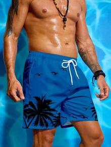 Manfinity KASUA Men's Vacation Palm Tree Print Drawstring Waist Pocket Beach Shorts - Royal Blue - View 5