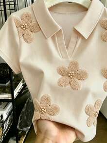 Resyla 女款大尺碼 Polo 領短袖上衣，仿花卉刺繡珠飾數位印花，2026 春夏休閒百搭時尚單品 - 彩色 - 查看 4