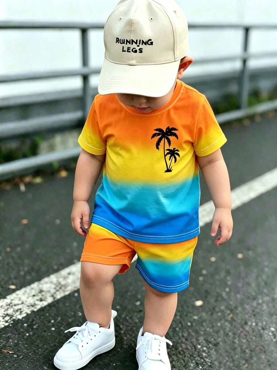 2026新款男嬰漸層椰子樹印花T恤短褲兩件套,幼童度假海灘裝,嬰兒休閒運動T恤短褲夏季套裝,百搭海岸風穿搭,日常出遊與拍照必備,可愛討喜,適合日常玩樂與休閒 - 彩色 - 查看 1