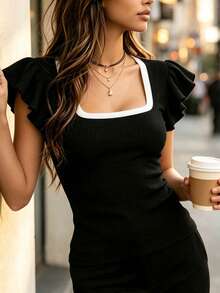 SHEIN Black With White Trim Contrast U-Neck Ruffle Flutter Short Sleeve Top, Vertical Striped Ribbed Slim Fit Bodycon Cropped T-Shirt, Daily Commute Inner & Outer Wear Basic Top - Black and White - View 6