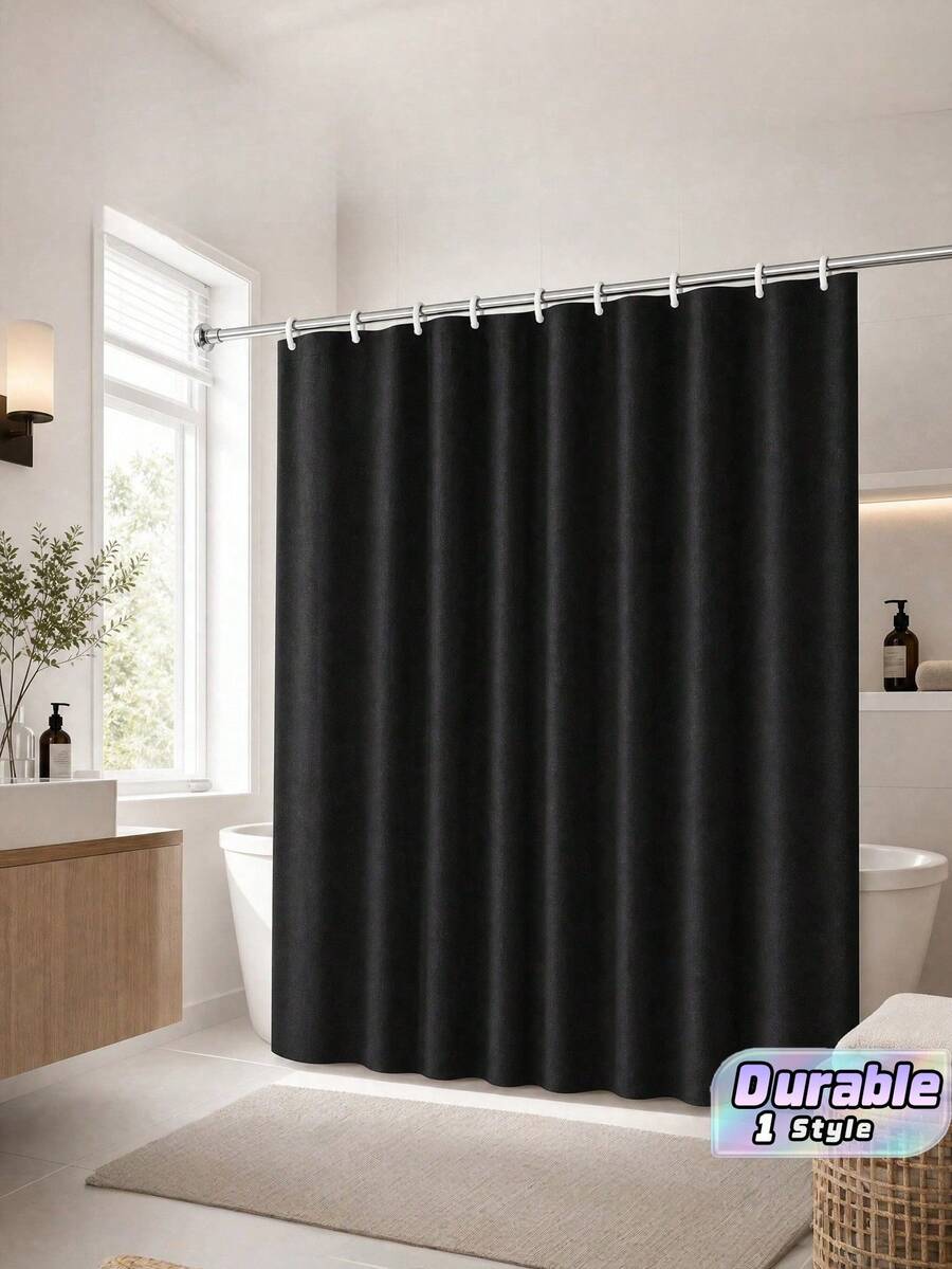 1 pieza Cortina de ducha gruesa e impermeable, cortina de ducha de lino sintético negro con ganchos de metal - Tela gruesa de secado rápido para privacidad y decoración del baño - Negro - Ver 1