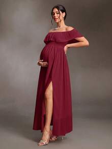 Cheriluna Maternity Elegant Off-Shoulder Ruffle Sleeve Side Slit A-Line Chiffon Maternity Dress - Burgundy - View 3