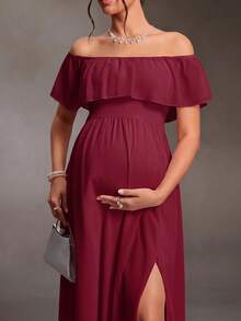 Cheriluna Maternity Elegant Off-Shoulder Ruffle Sleeve Side Slit A-Line Chiffon Maternity Dress - Burgundy - View 7