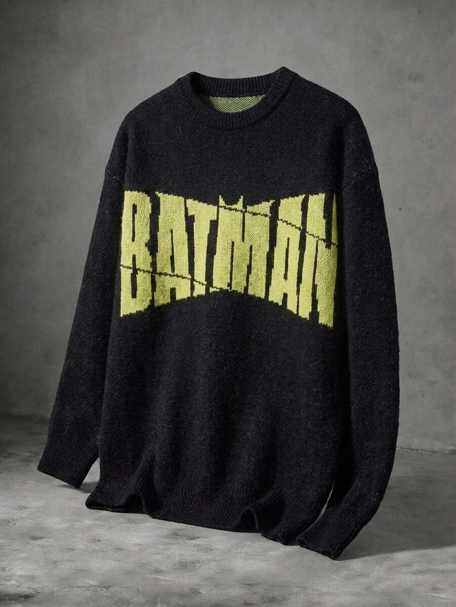 Manfinity BATMAN X SHEIN كنزة رجالية متعددة الاستخدامات بنقشة حروف جاكار وياقة دائرية وأكمام طويلة للارتداء اليومي - الأسود - مشاهدة 1