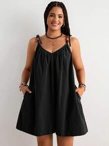 Freevana Plus Size Solid Color Cami Strap Vacation Casual Boho Dress Beach Vacation Black Summer - Black - View 5