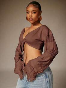 Denimoi Cropped Fringe Bell Sleeve Top Festival Outfits Concert Outfits Vacation Outfits Sexy Tops - Brown - View 1