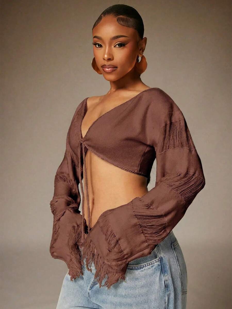 Denimoi Cropped Fringe Bell Sleeve Top Festival Outfits Concert Outfits Vacation Outfits Sexy Tops - Brown - View 1