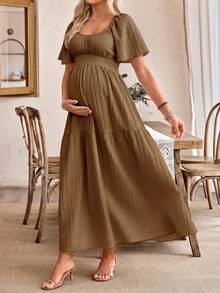 SHEIN Women's Casual Ruffle Sleeve Bow Back Design Maternity A-Line Dress - Brown - View 1