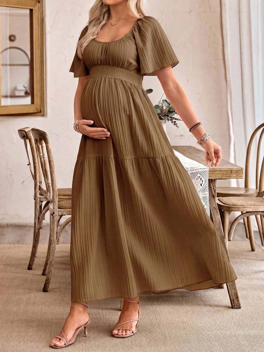 SHEIN Women's Casual Ruffle Sleeve Bow Back Design Maternity A-Line Dress - Brown - View 1