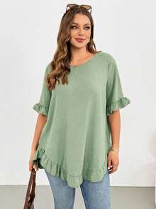 Shapeblank Blusa casual de mujer talla grande de unicolor con cuello redondo, manga corta y bajo con volantes - verde menta - Ver 4