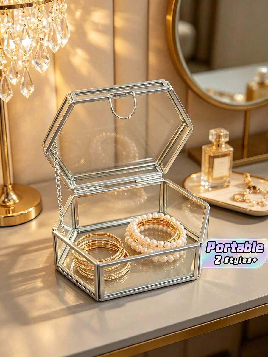 Hộp đựng trang sức kính đa giác khung bạc sang trọng, vật trang trí trưng bày bàn làm việc thanh lịch, đế lót ly kính lục giác phong cách châu Âu cổ điển với viền đồng vàng & họa tiết dập nổi, tấm lót bàn chống trượt cho cốc và đồ trang trí nhỏ. - Bạc - Xem 1