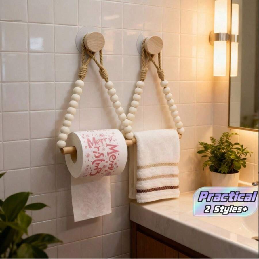 1/2pcs Rustic Paperless Tissue Paper Towel Holder - Natural Wood Bark Bathroom Shelf, Rope & Wooden Ball System, Farmhouse Style Bathroom Accessory (Compatible With Roll Paper), Tissue Box - multicolor - View 1