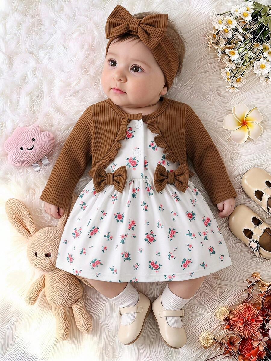 SHEIN Robe d'anniversaire d'été rose clair mignonne pour bébé fille nouveau-né & Bandeau assorti Ensemble 2 pièces Long - Tabac - Voir 1