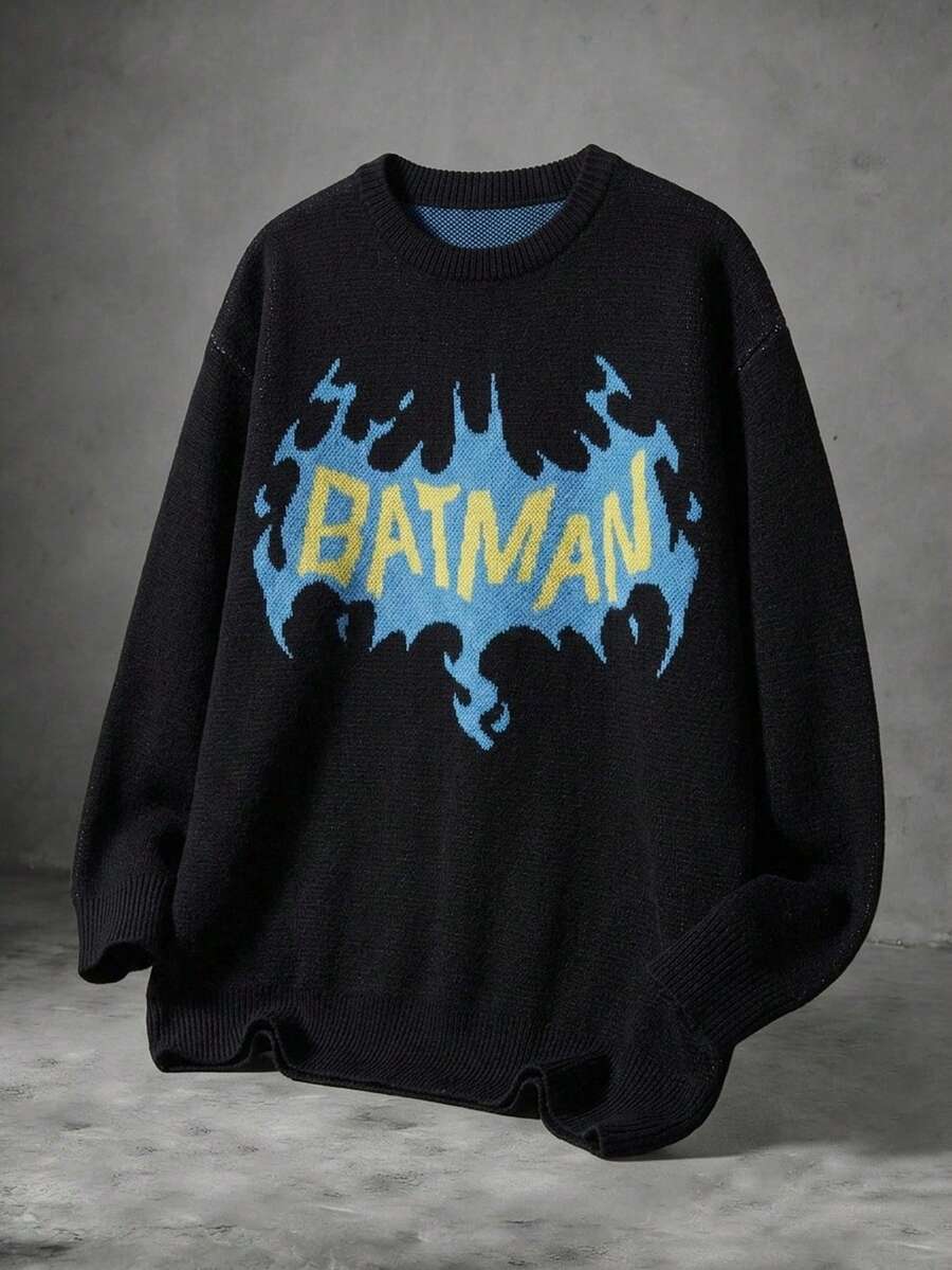 Manfinity BATMAN X SHEIN 男士萬聖節提花圓領長袖百搭毛衣,適合日常穿著、休閒度假、街頭風,圖案設計,秋季畢業季約會之夜,黑色 - 黑色 - 查看 1