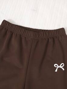 SHEIN 青少年女孩秋冬套裝，不對稱肩帶拼接不對稱領口短版上衣，深棕色校園運動休閒風 - 棕色 - 查看 5