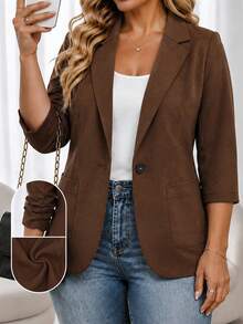 EMERY ROSE Blazer lengan 3/4 ukuran besar, warna cokelat karamel vintage, kerah berlekuk dengan satu kancing, saku samping praktis. Potongan yang menonjolkan pinggang, cocok untuk bentuk tubuh berisi, lengan 3/4 yang segar dan nyaman, cocok untuk kantor dan pakaian kasual. - Coklat - View 1