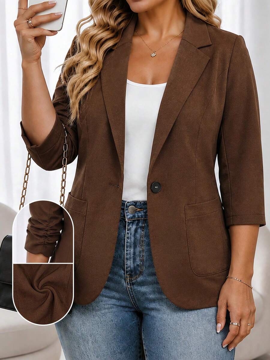 EMERY ROSE Blazer lengan 3/4 ukuran besar, warna cokelat karamel vintage, kerah berlekuk dengan satu kancing, saku samping praktis. Potongan yang menonjolkan pinggang, cocok untuk bentuk tubuh berisi, lengan 3/4 yang segar dan nyaman, cocok untuk kantor dan pakaian kasual. - Coklat - View 1