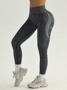 SHEIN Women's Leopard Print High Waist Seamless Athletic Leggings - Grey - View 5