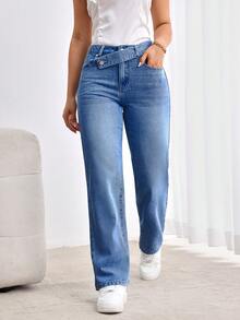 EMERY ROSE Quần Jeans Ống Thẳng Dáng Rộng Thường Ngày Có Túi Eo Bất Đối Xứng Cho Nữ - Rửa trung bình - Xem 5
