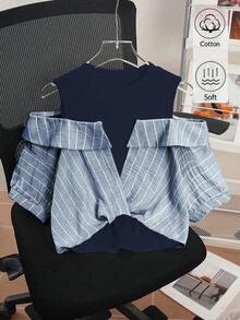 SHEIN Franclia 女款條紋露肩二合一T恤上衣，夏季穿搭 - 彩色 - 查看 6