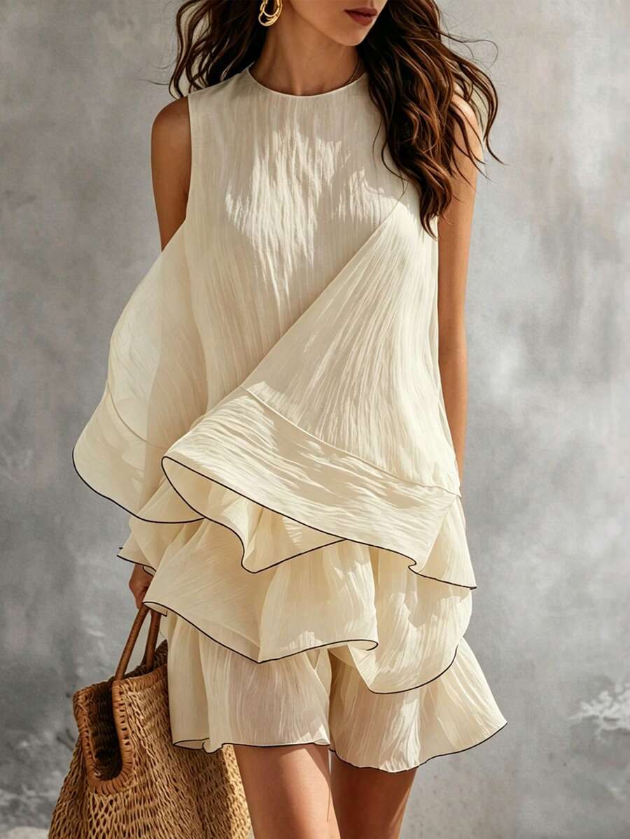 SHEIN Holidaya Elegant Women's Summer Cream White Layered Hem Round-Neck Sleeveless Cotton-Linen Ruffled Dress, Perfect For Tea Parties, Vacations, Dates Tea Party - Apricot - View 1