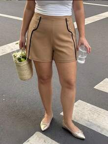 SHEIN MOD Plus Size Early Summer High Waist Shorts, Contrast Edge Design, Elegant Commute, Casual Daily Wear, Date Night - Camel - View 10