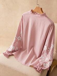 Elaquor 大尺碼女款花卉刺繡長袖單排扣休閒襯衫 秋季 - 粉色 - 查看 3